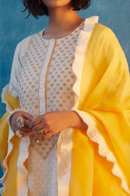 Label Earthen_Yellow Chanderi Silk, Handloom Cotton Floral Motif Handwoven Saree Set For Kids_Online_at_Aza_Fashions