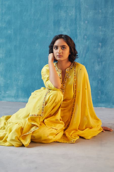 Shop_Label Earthen_Blue Velvet, Chanderi Silk, Muslin Navy Sujani Work And Saree For Kids_Online_at_Aza_Fashions