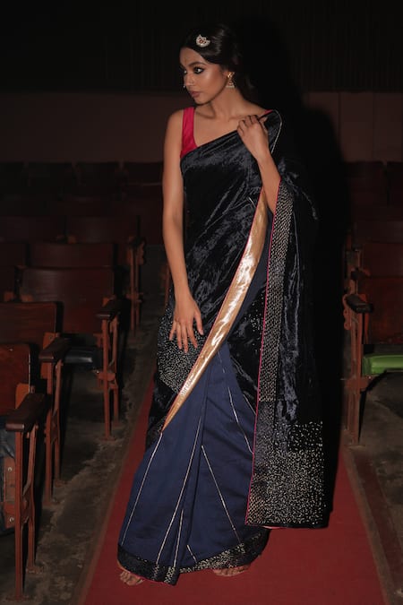 Shop_Label Earthen_Blue Velvet, Chanderi , Muga Sujani Embroidered Saree With Blouse _at_Aza_Fashions