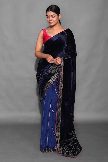 Label Earthen Blue Velvet, Chanderi , Muga Sujani Embroidered Saree With Blouse Online at Aza Fashions Label Earthen_Blue Velvet, Chanderi , Muga Sujani Embroidered Saree With Blouse _Online_at_Aza_Fashions