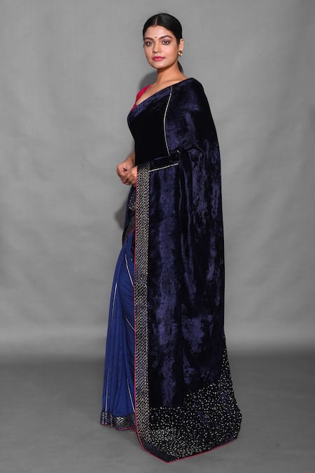 Buy Label Earthen Blue Velvet, Chanderi , Muga Sujani Embroidered Saree With Blouse Online at Aza Fashions Buy_Label Earthen_Blue Velvet, Chanderi , Muga Sujani Embroidered Saree With Blouse _Online_at_Aza_Fashions
