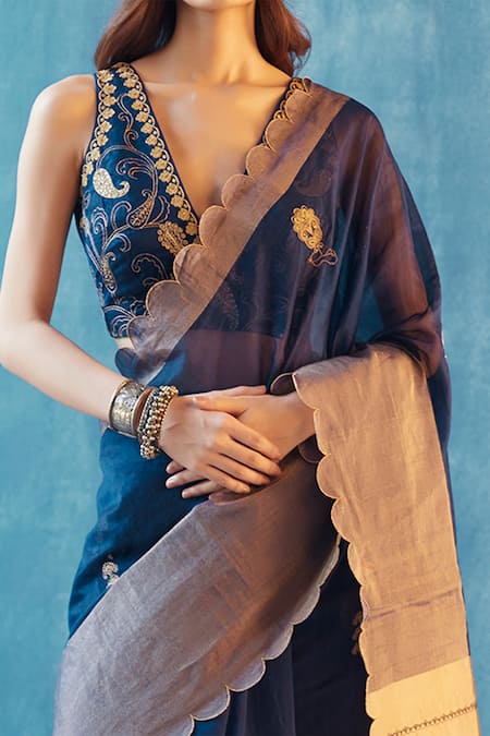 Label Earthen_Blue Handwoven Chanderi Silk V Neck Saree With Blouse _Online_at_Aza_Fashions