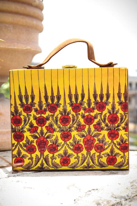 LA Fiza Yellow Floral Motif Briefcase Clutch Online at Aza Fashions LA Fiza_Yellow Floral Motif Briefcase Clutch _Online_at_Aza_Fashions