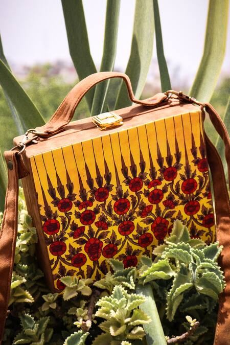 Shop LA Fiza Yellow Floral Motif Briefcase Clutch Online at Aza Fashions Shop_LA Fiza_Yellow Floral Motif Briefcase Clutch _Online_at_Aza_Fashions