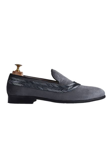 Luxoro Formello_Grey Embroidered Valerio Loafers _Online_at_Aza_Fashions