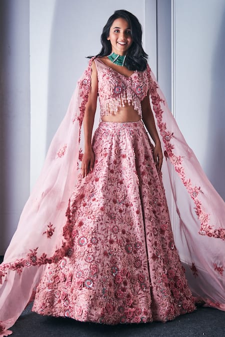 Varun Bahl_Pink Silk And Organza Floral Motifs Plunge V Neck Embroidered Bridal Lehenga Set _Online_at_Aza_Fashions
