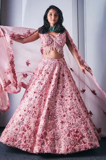 Buy Pink Silk And Organza Embroidered Floral Motifs Bridal Lehenga Set ...