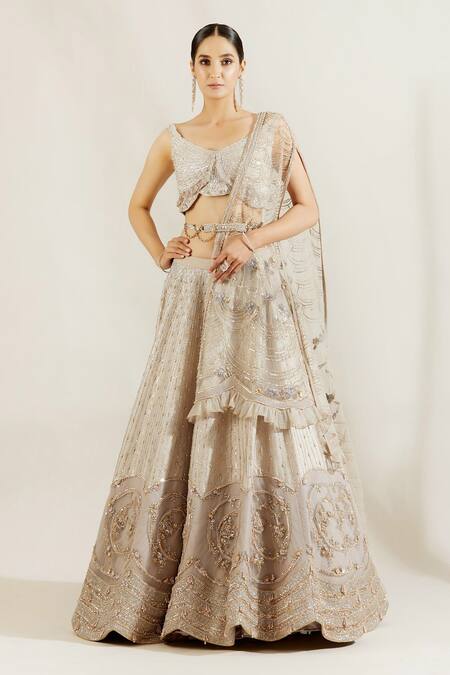 Adaara Couture Grey Raw Silk, Net V Neck Embellished Bridal Lehenga Set Online at Aza Fashions Adaara Couture_Grey Raw Silk, Net V Neck Embellished Bridal Lehenga Set _Online_at_Aza_Fashions