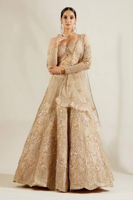 Adaara Couture Gold Net, Satin V Neck Embellished Bridal Lehenga Set Online at Aza Fashions Adaara Couture_Gold Net, Satin V Neck Embellished Bridal Lehenga Set _Online_at_Aza_Fashions