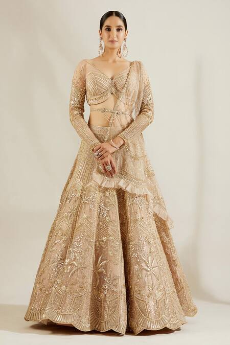 Buy Adaara Couture Gold Net, Satin V Neck Embellished Bridal Lehenga Set Online at Aza Fashions Buy_Adaara Couture_Gold Net, Satin V Neck Embellished Bridal Lehenga Set _Online_at_Aza_Fashions