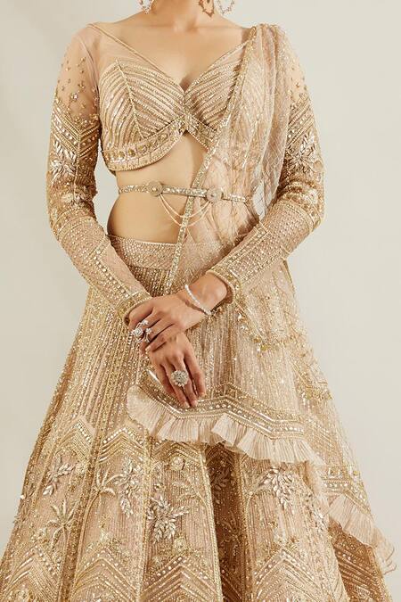 Shop Adaara Couture Gold Net, Satin V Neck Embellished Bridal Lehenga Set Online at Aza Fashions Shop_Adaara Couture_Gold Net, Satin V Neck Embellished Bridal Lehenga Set _Online_at_Aza_Fashions