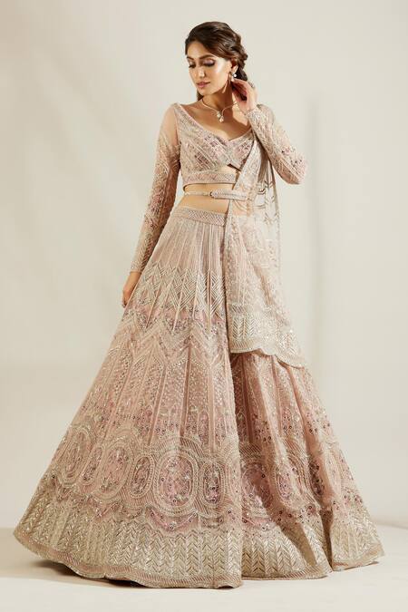 Buy Adaara Couture Silver Net, Satin V Neck Embellished Bridal Lehenga Set Online at Aza Fashions Buy_Adaara Couture_Silver Net, Satin V Neck Embellished Bridal Lehenga Set _Online_at_Aza_Fashions