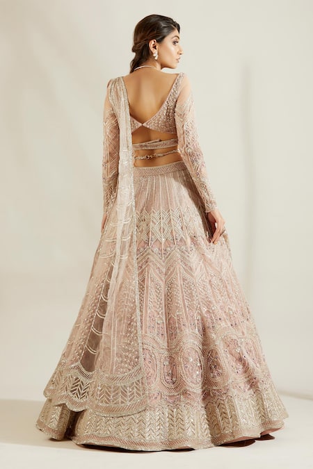 Shop Adaara Couture Silver Net, Satin V Neck Embellished Bridal Lehenga Set at Aza Fashions Shop_Adaara Couture_Silver Net, Satin V Neck Embellished Bridal Lehenga Set _at_Aza_Fashions