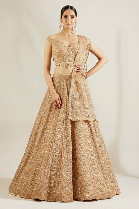 Adaara Couture Gold Net, Satin V Neck Embellished Off Shoulder Lehenga Set Online at Aza Fashions Adaara Couture_Gold Net, Satin V Neck Embellished Off Shoulder Lehenga Set _Online_at_Aza_Fashions