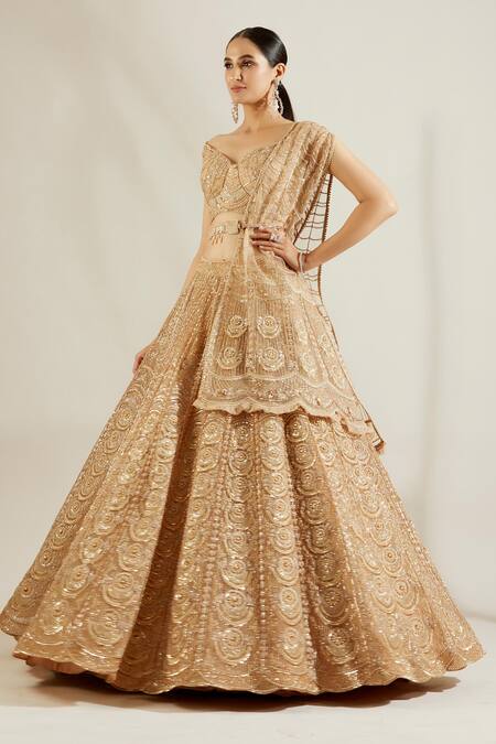 Buy Adaara Couture Gold Net, Satin V Neck Embellished Off Shoulder Lehenga Set Online at Aza Fashions Buy_Adaara Couture_Gold Net, Satin V Neck Embellished Off Shoulder Lehenga Set _Online_at_Aza_Fashions