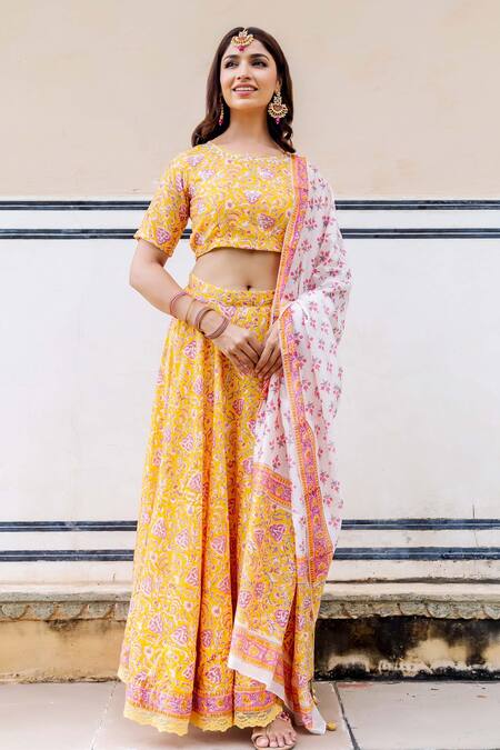 Missprint_Yellow Chanderi Hand Block Print Gota Patti, Sequins Floral Lehenga Set _Online_at_Aza_Fashions