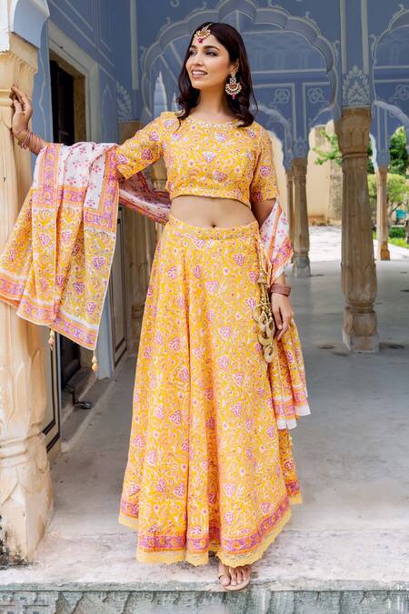 Buy_Missprint_Yellow Chanderi Hand Block Print Gota Patti, Sequins Floral Lehenga Set _Online_at_Aza_Fashions