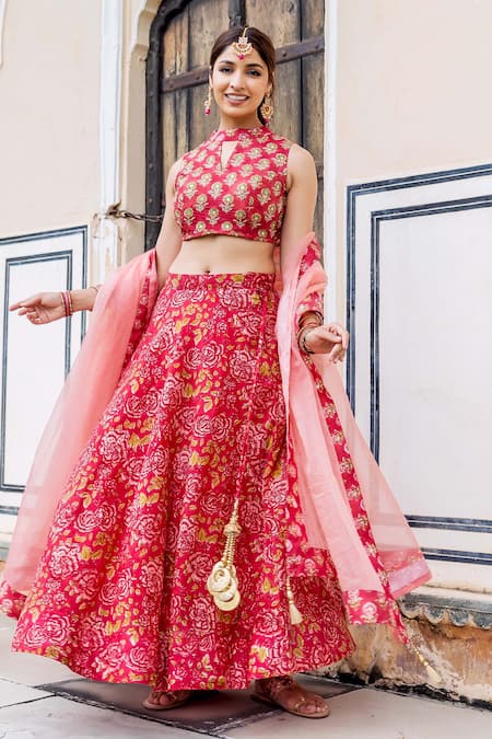 Magenta Chanderi Lehenga Set – Debyani