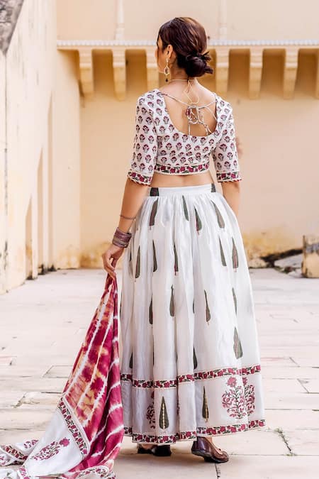 Shop Missprint White Chanderi Hand Block Printed Gota Patti, Moti Floral Lehenga Set at Aza Fashions Shop_Missprint_White Chanderi Hand Block Printed Gota Patti, Moti Floral Lehenga Set _at_Aza_Fashions