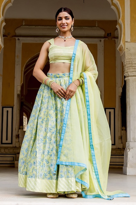 Olive Green Flared Lehenga in Georgette with Sequins