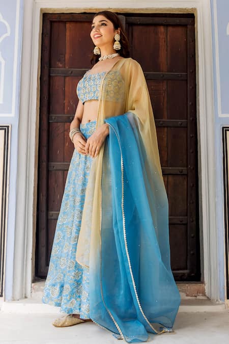 Missprint_Blue Lehenga And Blouse Chanderi Dupatta Organza Hand Block Floral Set _Online_at_Aza_Fashions