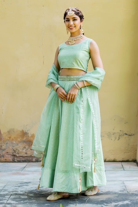 Buy FUSIONIC green colored mirror worked velvet base lehenga choli For  Women at Amazon.in