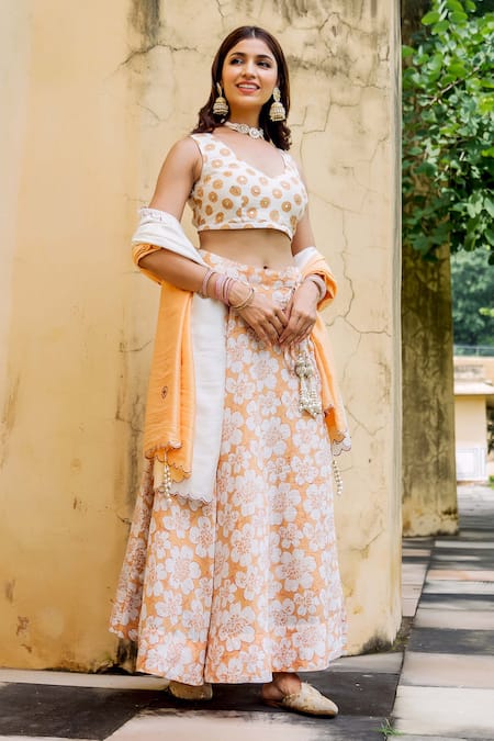 Missprint_Yellow Chanderi Hand Block Printed Mirror Thread Floral Lehenga Set _Online_at_Aza_Fashions
