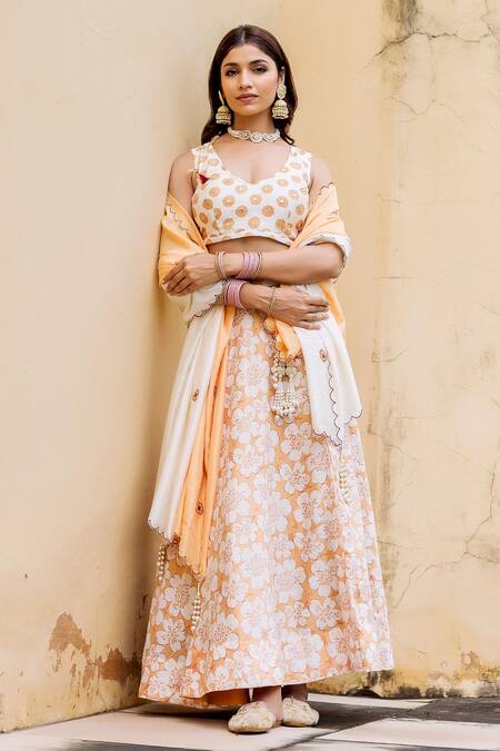 Shop_Missprint_Yellow Chanderi Hand Block Printed Mirror Thread Floral Lehenga Set _Online_at_Aza_Fashions
