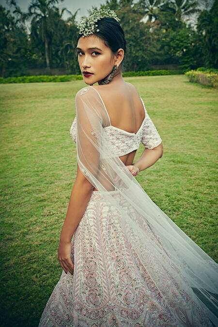 Shop Jigar & Nikita Pink Silk Sweetheart Neck Draped Sleeve Blouse And Lehenga Set at Aza Fashions Shop_Jigar & Nikita_Pink Silk Sweetheart Neck Draped Sleeve Blouse And Lehenga Set_at_Aza_Fashions