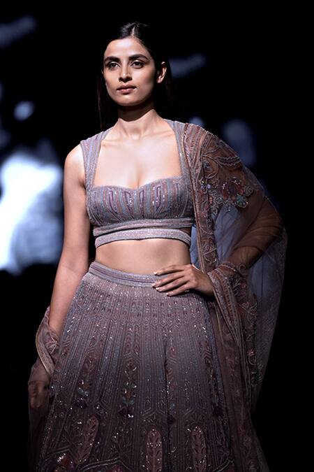 Shop Abhishek Sharma Grey Organza Applique, Silk Thread And Beads Embroidered Bridal Lehenga Set at Aza Fashions Shop_Abhishek Sharma_Grey Organza Applique, Silk Thread And Beads Embroidered Bridal Lehenga Set _at_Aza_Fashions