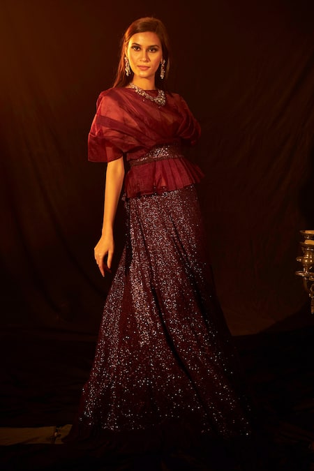 Buy_Tasuvure Indes_Wine Pleated Sequin Boat Neck Bedazzling Embroidered Lehenga And Blouse Set_Online_at_Aza_Fashions