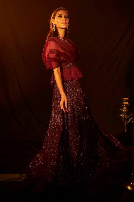 Shop_Tasuvure Indes_Wine Pleated Sequin Boat Neck Bedazzling Embroidered Lehenga And Blouse Set_Online_at_Aza_Fashions