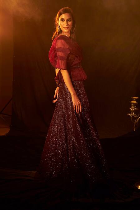 Tasuvure Indes_Wine Pleated Sequin Boat Neck Bedazzling Embroidered Lehenga And Blouse Set_at_Aza_Fashions
