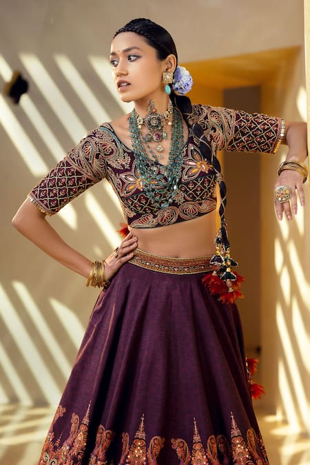 Kalista_Purple Blouse And Lehenga Skirt Natural Silk, Mehjabeen Embroidered Bridal Set _Online_at_Aza_Fashions
