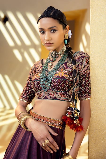 Shop_Kalista_Purple Blouse And Lehenga Skirt Natural Silk, Mehjabeen Embroidered Bridal Set _Online_at_Aza_Fashions