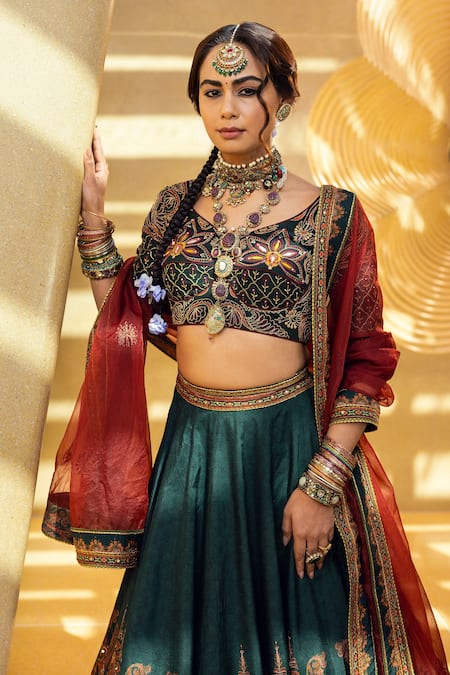 Kalista_Green Blouse And Lehenga Skirt Natural Silk, Mehjabeen Embroidered Bridal Set _Online_at_Aza_Fashions