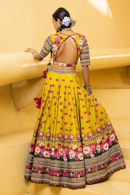 Shop_Kalista_Green Blouse And Lehenga Skirt Natural Silk, Dupatta Inayat Printed Bridal Set _at_Aza_Fashions