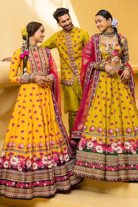 Buy_Kalista_Green Blouse And Lehenga Skirt Natural Silk, Dupatta Inayat Printed Bridal Set _Online_at_Aza_Fashions