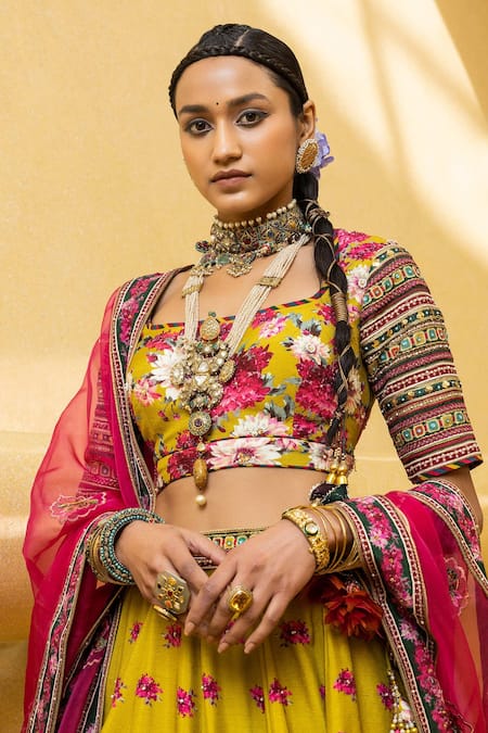Shop_Kalista_Green Blouse And Lehenga Skirt Natural Silk, Dupatta Inayat Printed Bridal Set _Online_at_Aza_Fashions