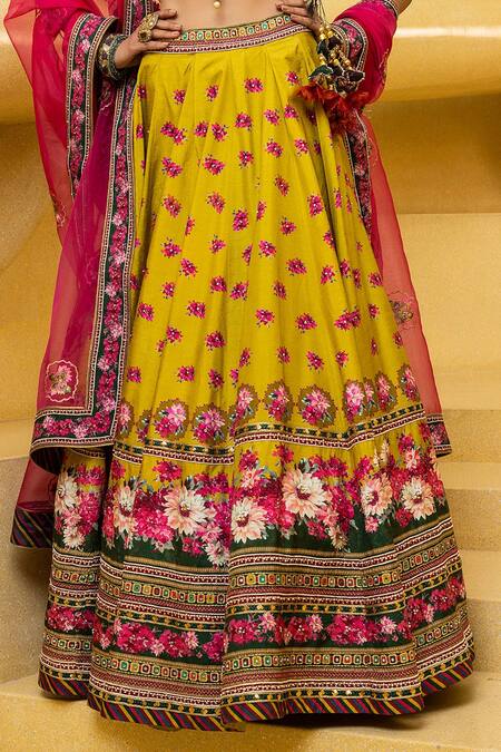 Kalista_Green Blouse And Lehenga Skirt Natural Silk, Dupatta Inayat Printed Bridal Set _at_Aza_Fashions
