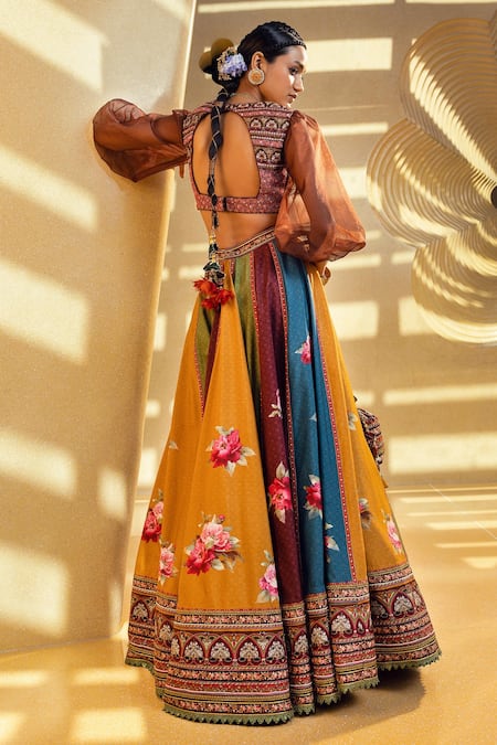 Shop Kalista Multi Color Natural Silk Floral Motifs V Neck Tahira Printed Lehenga With Blouse at Aza Fashions Shop_Kalista_Multi Color Natural Silk Floral Motifs V Neck Tahira Printed Lehenga With Blouse _at_Aza_Fashions