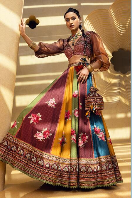 Kalista Multi Color Natural Silk Floral Motifs V Neck Tahira Printed Lehenga With Blouse Online at Aza Fashions Kalista_Multi Color Natural Silk Floral Motifs V Neck Tahira Printed Lehenga With Blouse _Online_at_Aza_Fashions