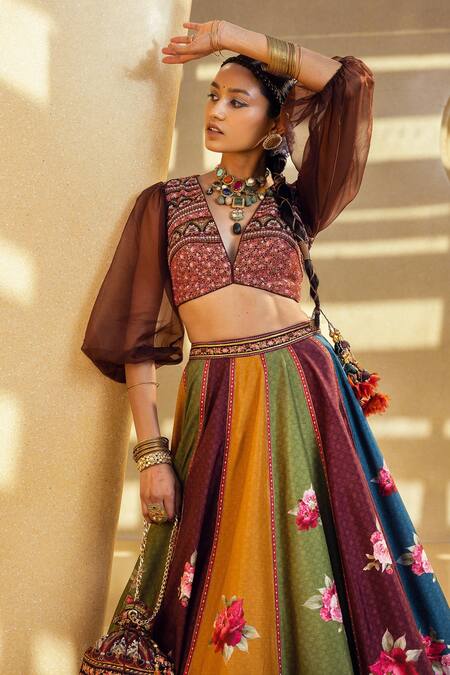 Buy Kalista Multi Color Natural Silk Floral Motifs V Neck Tahira Printed Lehenga With Blouse Online at Aza Fashions Buy_Kalista_Multi Color Natural Silk Floral Motifs V Neck Tahira Printed Lehenga With Blouse _Online_at_Aza_Fashions