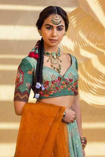 Buy_Kalista_Green Blouse And Lehenga Natural Silk, Dupatta Ahanita Print Bridal Set _Online_at_Aza_Fashions