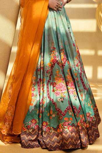 Shop_Kalista_Green Blouse And Lehenga Natural Silk, Dupatta Ahanita Print Bridal Set _Online_at_Aza_Fashions