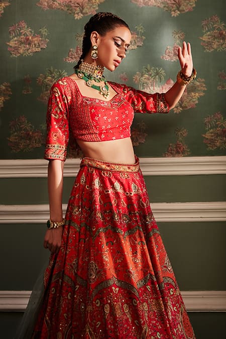 Kalista_Orange Blouse And Lehenga Viscose Silk, Dupatta Net Arohi Chintz Bridal Set _Online_at_Aza_Fashions