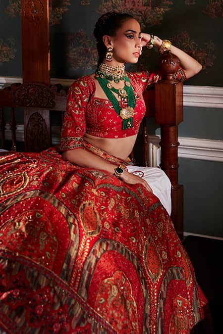 Buy_Kalista_Orange Blouse And Lehenga Viscose Silk, Dupatta Net Arohi Chintz Bridal Set _Online_at_Aza_Fashions