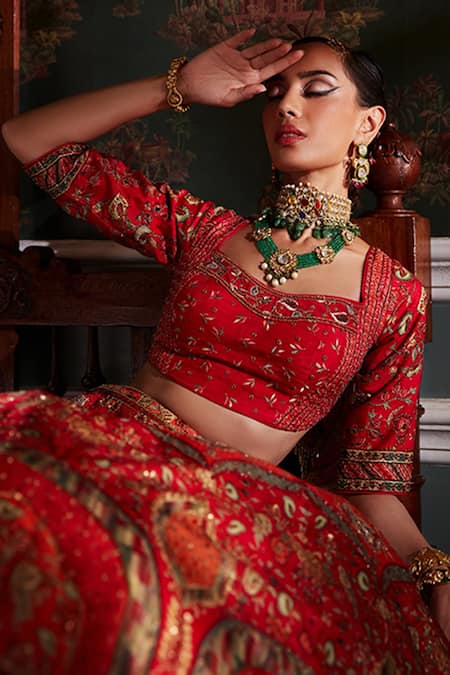 Shop_Kalista_Orange Blouse And Lehenga Viscose Silk, Dupatta Net Arohi Chintz Bridal Set _Online_at_Aza_Fashions