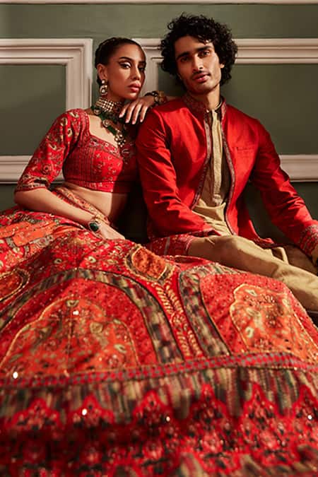 Kalista_Orange Blouse And Lehenga Viscose Silk, Dupatta Net Arohi Chintz Bridal Set _at_Aza_Fashions