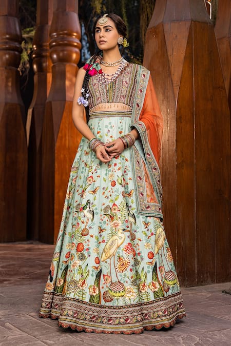 Kalista_Green Blouse And Lehenga Skirt Natural Silk, Dupatta Vanya Hand Painted Set _Online_at_Aza_Fashions